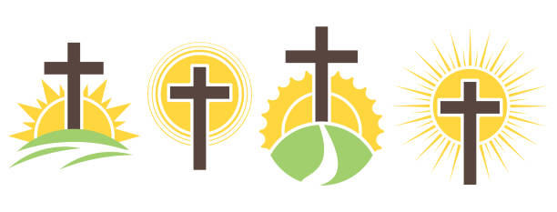 태양 위에 기독교 십자가의 세트. 벡터 일러스트레이션. - applauding cross cross shape jesus christ stock illustrations