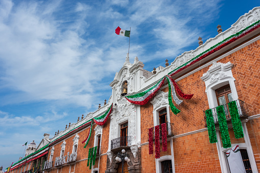 Tlaxcala, Tlaxcala, 09 18 22,  Government building of the central square of the municipality of Tlaxcala with ornaments for the celebration of the dependence of Mexico