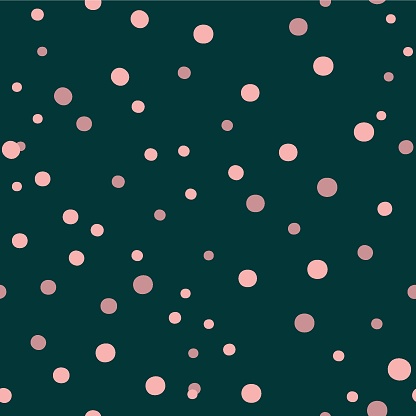Vector pastel pink polka dots, circles, dark green emerald seamless pattern. Print confetti geometric minimal background. Perfect for fabric, wallpapers, home decor, party designs.