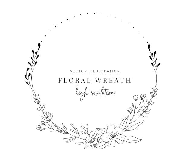 ilustrações, clipart, desenhos animados e ícones de coroa floral desenhada à mão, coroa floral com folhas para convite de casamento. - wedding black and white weddings rose