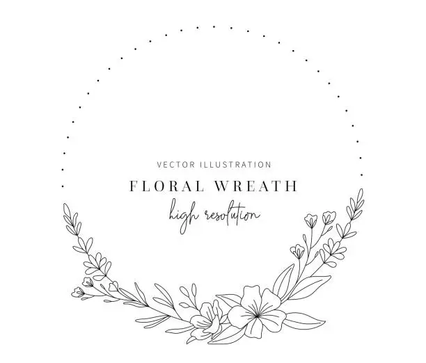 Vector illustration of Hand drawn floral wreath, Floral wreath with leaves for wedding invitation.