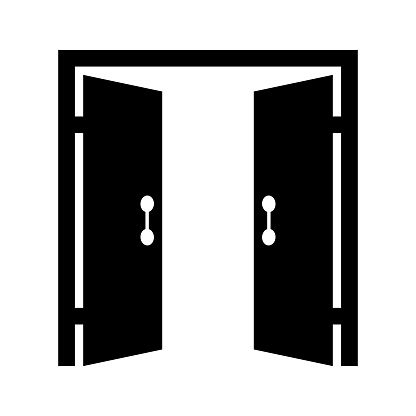 Open front double door black silhouette flat vector illustration