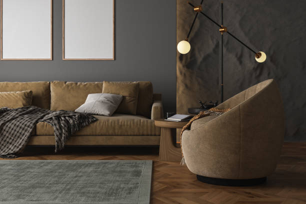 istock Home interior, luxury modern dark living room interior, empty wall mock up, 3d render 1429768812