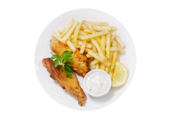 plate of fish and chips isolated on white background, top view