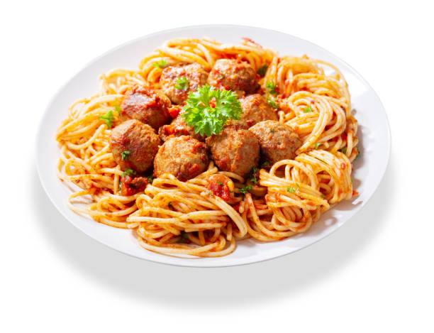 istock plate of pasta with meatballs on white background 1429774206