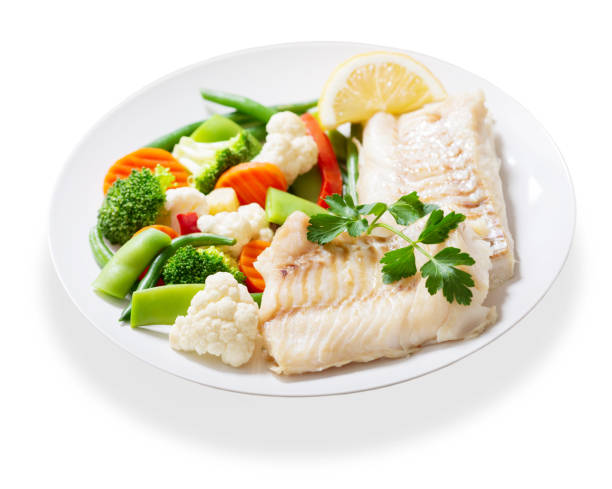 istock Plate of fried cod fish fillet with vegetables on white background 1429774304