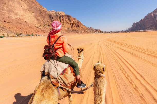 schöne junge touristin in weißem kleid reitet auf einem kamel in der wüste wadi rum, jordanien - jordan camel wadi rum arabia stock-fotos und bilder