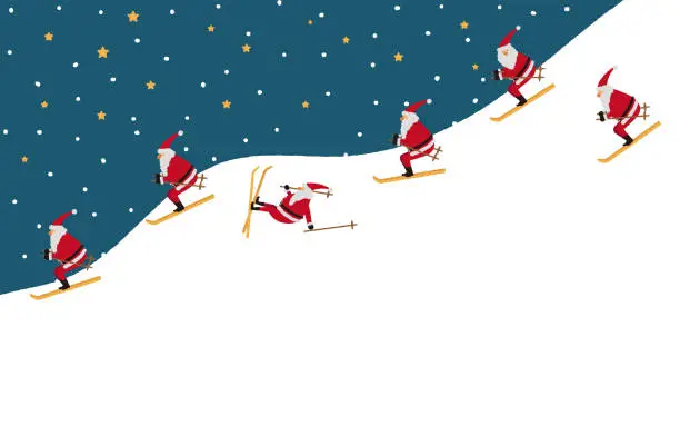 Vector illustration of Illustration of Santa Claus skiing in the snowy mountains at night