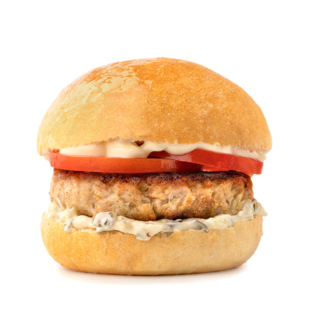 istock Simple Bun with meat, tomatoes, cucumbers, lettuce on a white background 1429777610