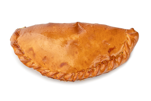 Pepperoni and cheese filled calzone pizza isolated on a white background. With clipping path for design menu