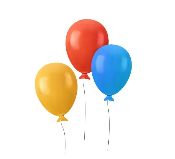 Vector illustration of Balloons bunch in cartoon 3D style isolated on white. Bunch of balloons for birthday and party. Flying ballon with rope. Blue, red and yellow air ball 3D illustration isolated on white background. 3D render icon for celebrate and carnival. Vector