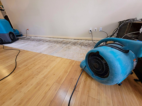 Air mover and a dehumidifier in place to dry a floor after a pipe break.