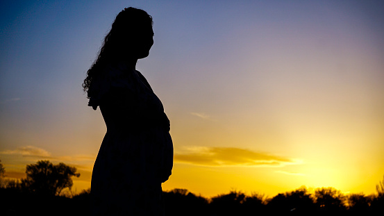 Silhouette of a Young Expecting mother posing at sunset.