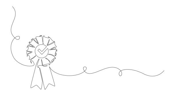 illustrations, cliparts, dessins animés et icônes de badge de récompense rosette stamp avec une coche dans un dessin au trait continu. produit de qualité supérieure et concept ou logo à haute garantie dans un style linéaire simple. contour modifiable. illustration vectorielle doodle - medal ribbon incentive award