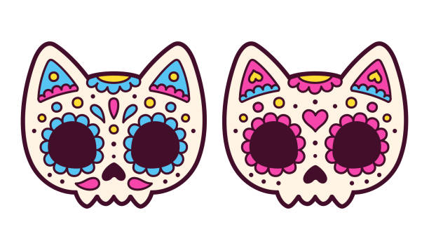 Two Mexican painted cat skulls Two cute cartoon Mexican painted cat skulls, male and female. Dia de los Muertos (Day of the Dead) drawing, vector illustration. cat face paint stock illustrations