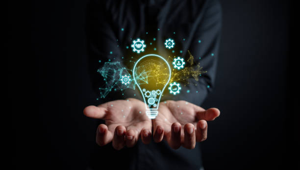 istock Great inspiration and innovation new beginning. creative smart thinking ideas and innovation. Businessman holding virtual lightbulb for presenting new ideas concept. 1429811744