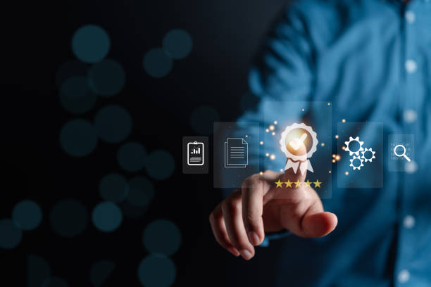 istock Customer touching virtual screen the best quality assurance for guarantee product or feedback review satisfaction service satisfaction survey. 1429813538