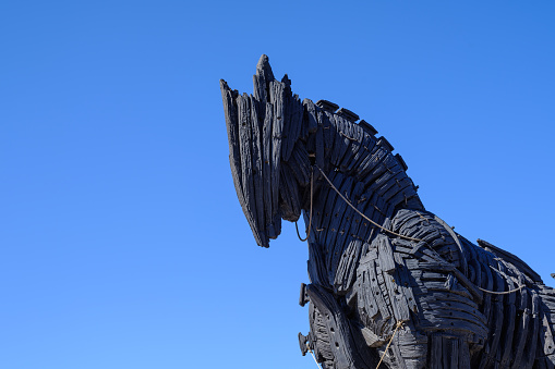 Canakkale, Turkey, Sep 2022 - hollywood replica of legendary wooden trojan horse of troy at Canakkale Turkey with blue sky