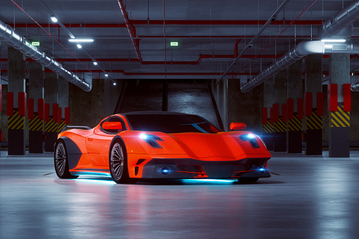 Luxury sports car in underground garage. Vehicle is entirely generic and not based on any real or concept model/brand/type. This is 3D generated image.