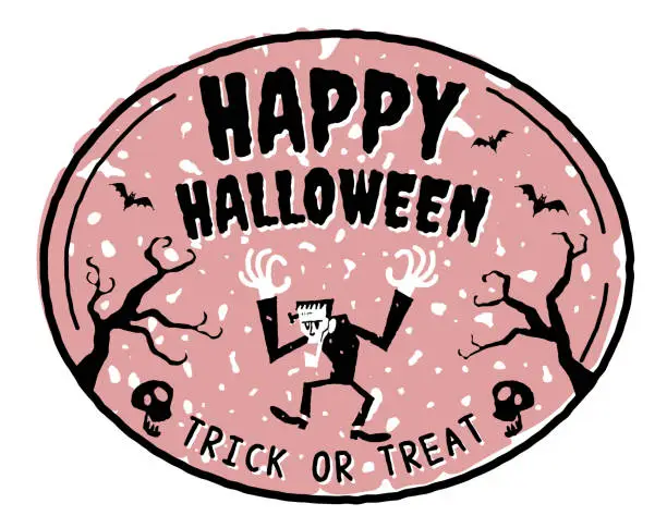 Vector illustration of Spooky Rubber Stamp with Frankenstein, Happy Halloween, Wilted Tree, and Bat
