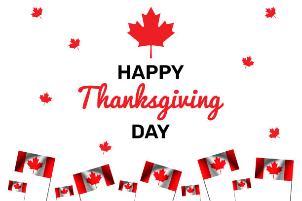 Happy Thanksgiving Day Canada with waving Canadian flags and leaves. Day of thanksgiving wallpaper Happy Thanksgiving Day Canada with waving Canadian flags and leaves. Day of thanksgiving free thanksgiving pic stock illustrations