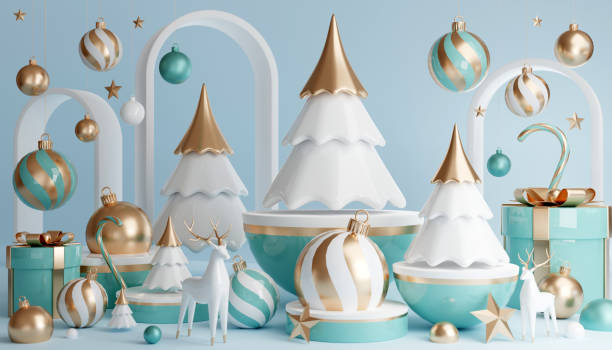 istock 3D render cylinder podium in christmas Santa Claus and christmas tree, gift boxes, ribbon, product, perfume, promotion sale, presentation, cosmetic on background color . 1429853393