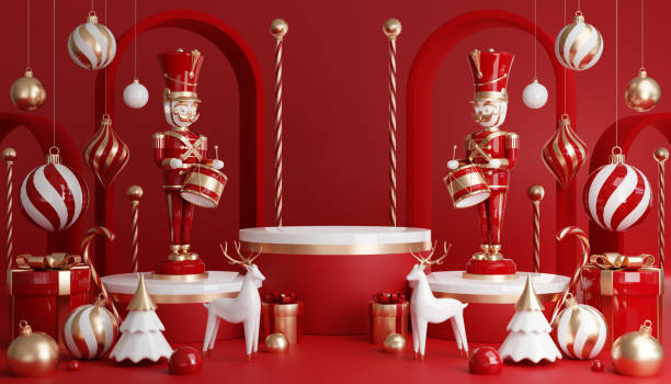 istock 3D render cylinder podium in christmas Santa Claus and christmas tree, gift boxes, ribbon, product, perfume, promotion sale, presentation, cosmetic on background color . 1429853414