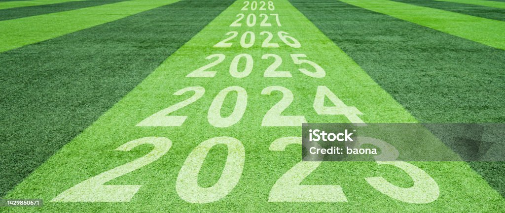 New year number of 2023 and 2024 to 2028 soccer field 2023 Stock Photo