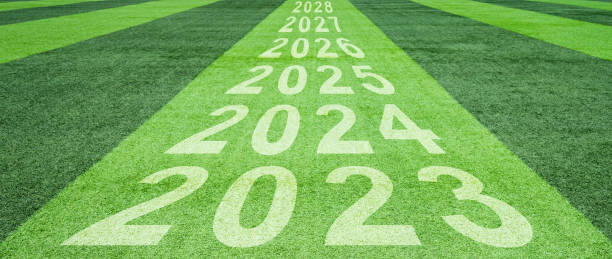 New year number of 2023 and 2024 to 2028 soccer field stock photo