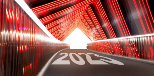 istock Empty modern pedestrian walkway with new year number 2023 and red light 1429861628