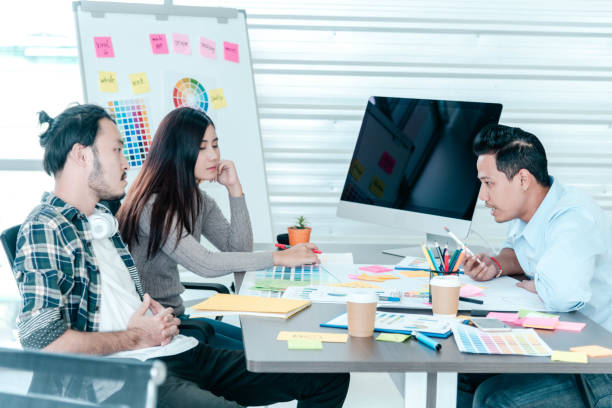 istock Creative design office center working teamwork. Happy business people partner plan strategy organization research people together at diversity office using laptop, smartphone company conference room 1429864226