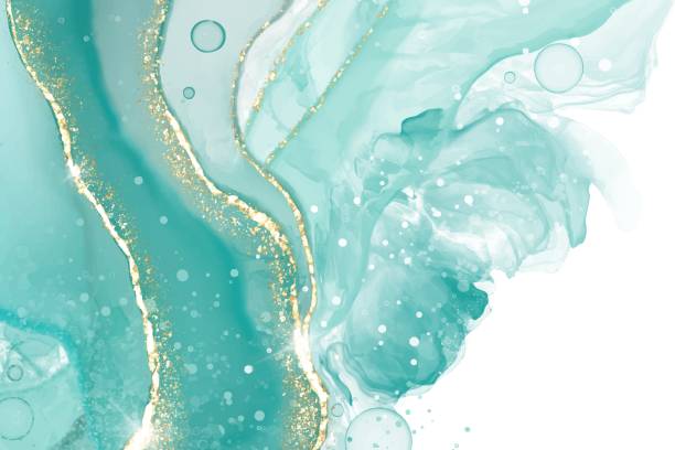 illustrations, cliparts, dessins animés et icônes de fond d’aquarelle en marbre liquide à la menthe cyan pastel avec des lignes dorées et des taches au pinceau. effet de dessin à l’encre d’alcool marbré turquoise sarcelle. toile de fond d’illustration vectorielle, invitation de mariage à l’aqu - water floral