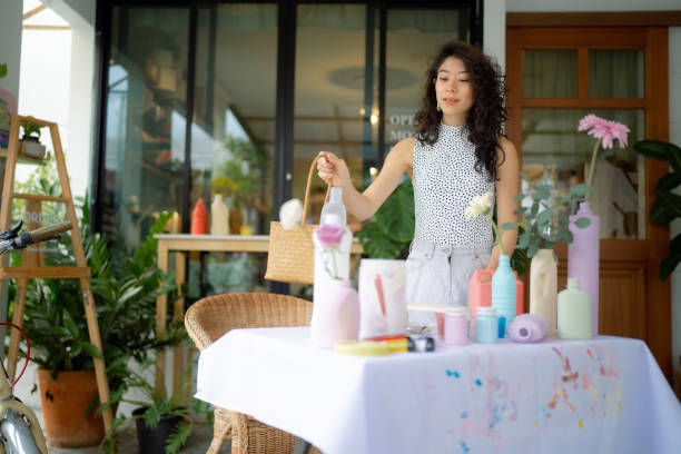 istock Make a flower vase at home with recycle plastic bottles. 1429873345