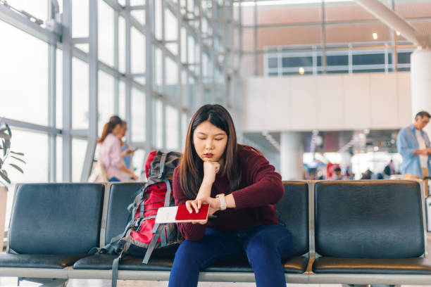 Woman checking time at airport. stock photo