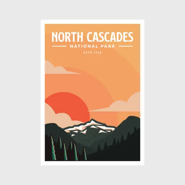 Vector illustration of North Cascades National Park poster vector illustration design, beautiful mountain landscape poster