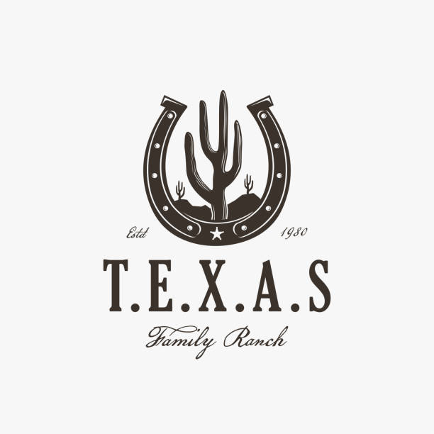 vintage zachodnia etykieta znaczka podkowy i pustynnego kaktusa logo, wektor logo kowbojskiego rancza na białym tle - horseshoe stock illustrations