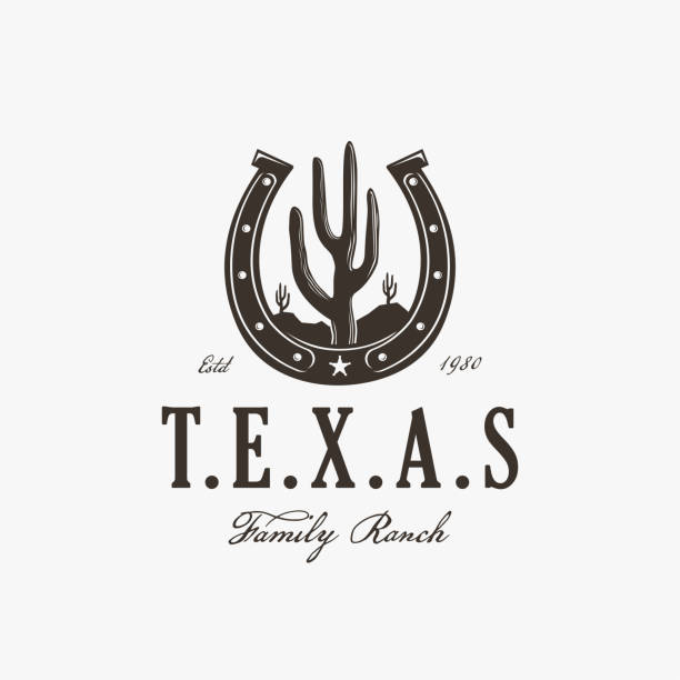 ilustrações, clipart, desenhos animados e ícones de marca western vintage ferradura e logotipo cacto deserto, vetor logotipo do rancho cowboy no fundo branco - horseshoe