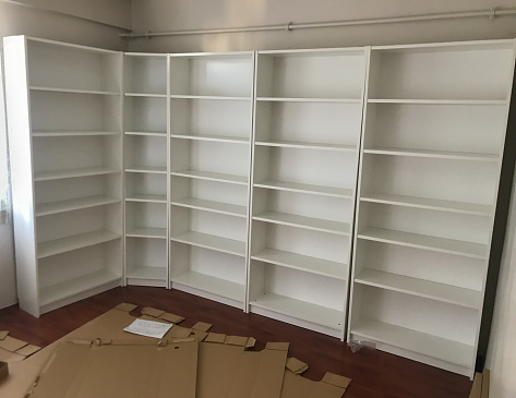 a library in the home and empty shelves