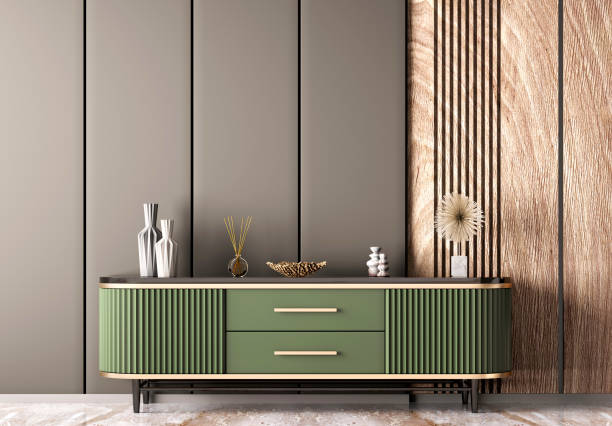 interior of modern living room with sideboard over wooden paneling wall. contemporary room with  dresser. home design with black wall. 3d rendering - sideboard imagens e fotografias de stock