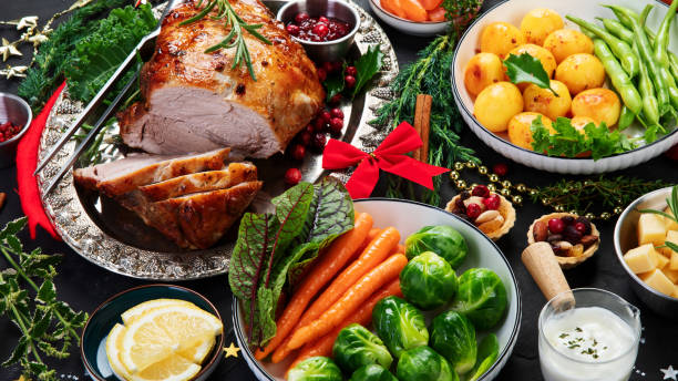istock Traditional Christmas dinner on dark background. 1429889946