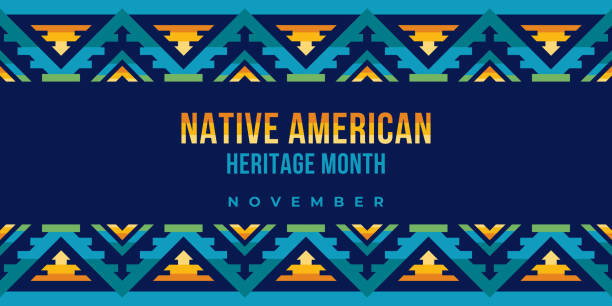 Native american heritage month. Vector banner, poster, card, content for social media with the text Native american heritage month, november. Blue background with native ornament border.向量藝術插圖