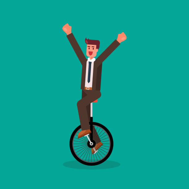 geschäftsfrau zeigt ihr können im einrad - unicycle cycling balance businessman stock-grafiken, -clipart, -cartoons und -symbole