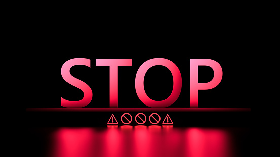 The word STOP red neon with reflection. 3D render.
