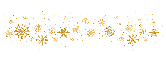 Gold glitter snowflakes decoration wave. Celebration design elements. Golden snowflake border with different ornament. Luxury Christmas greeting card. Winter ornament. Vector illustration.