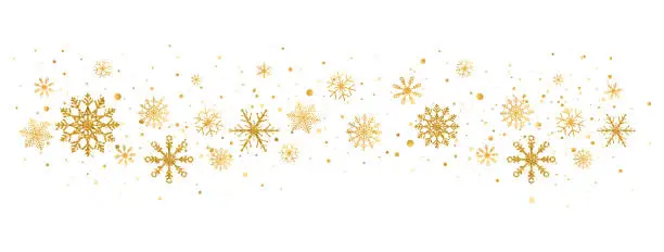 Vector illustration of Gold glitter snowflakes decoration wave. Celebration design elements. Golden snowflake border with different ornament. Luxury Christmas greeting card. Winter ornament. Vector illustration