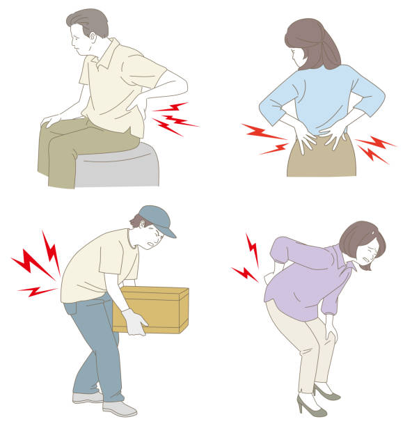 Simple line drawing illustration of people suffering from back pain Simple line drawing illustration of people suffering from back pain back pain stock illustrations