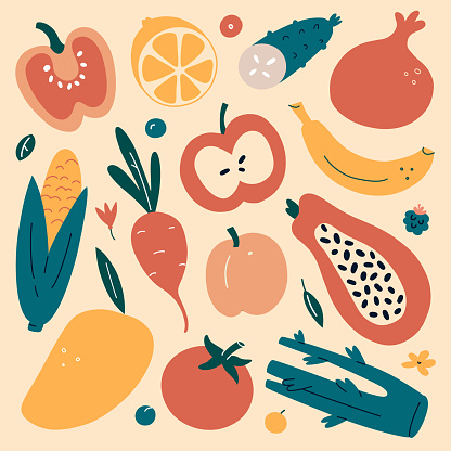 Fruit and vegetable doodle icons collection, vector illustrations of apple, corn, tomato, isolated colored clipart on beige background, healthy organic food, colored garden tasty exotic fruits and vegetables