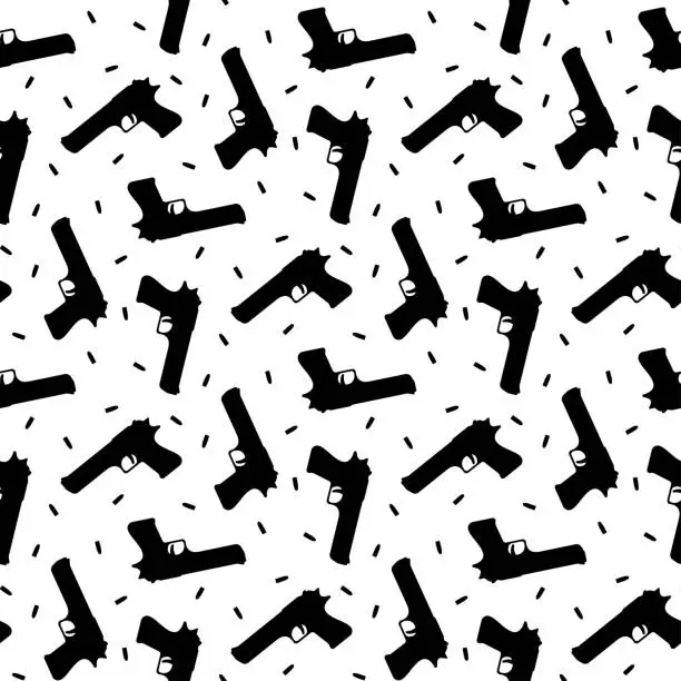 Vector illustration of Small black pistols and bullets isolated on white background. Monochrome weapon seamless pattern. Vector simple flat graphic illustration. Texture.