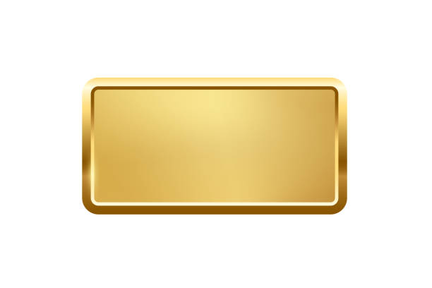 gold rectangle button with frame vector illustration. 3d golden glossy elegant design for empty emblem, medal or badge, shiny and gradient light effect on plate isolated on white background - altın madalya stock illustrations