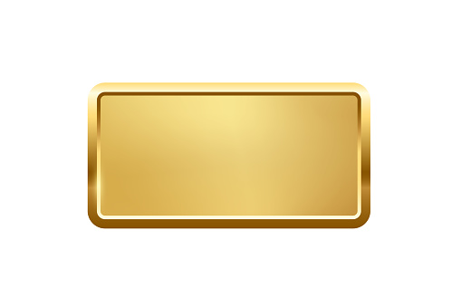 Gold rectangle button with frame vector illustration. 3d golden glossy elegant design for empty emblem, medal or badge, shiny and gradient light effect on plate isolated on white background.